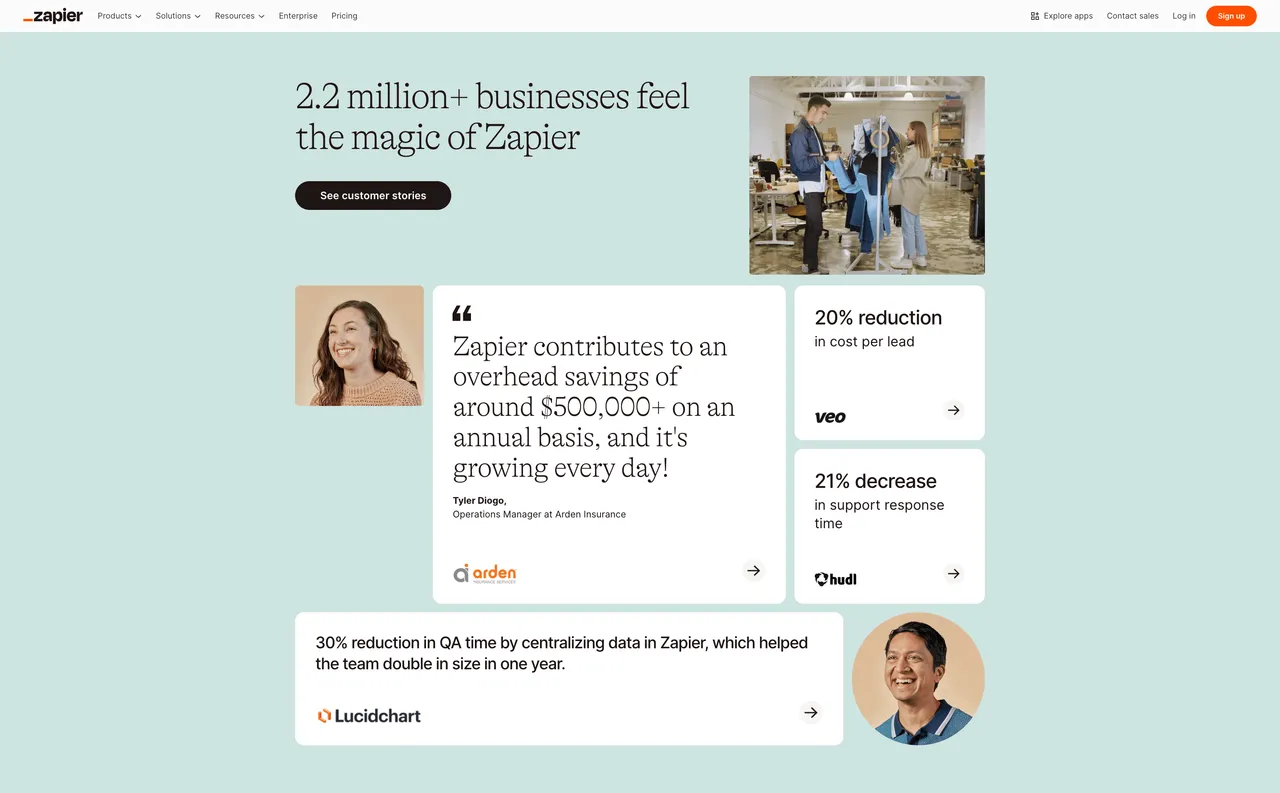 Brand example from Zapier showcasing social proof