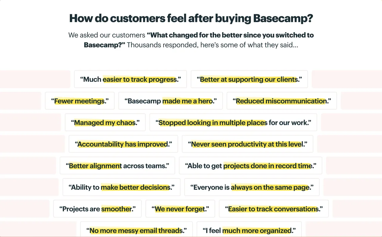 Brand example from Basecamp showcasing social proof