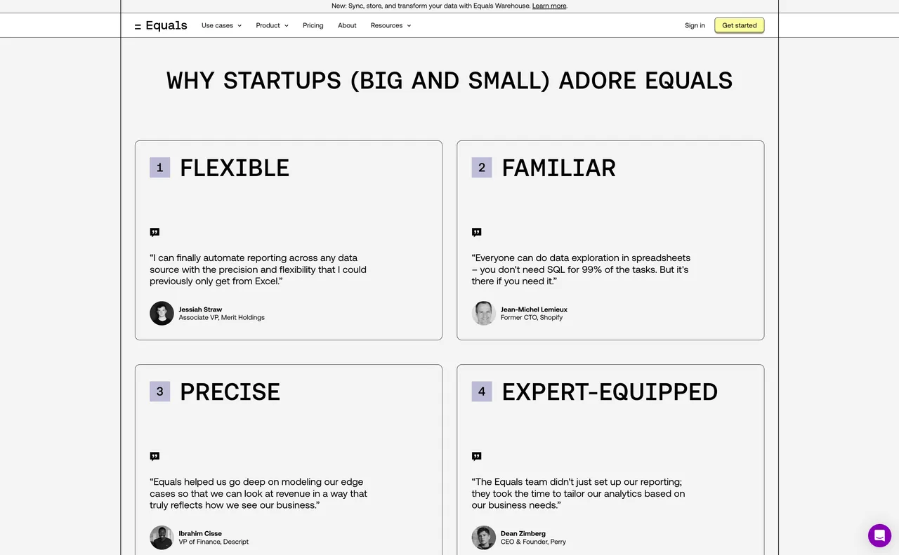 Brand example from Equals showcasing social proof
