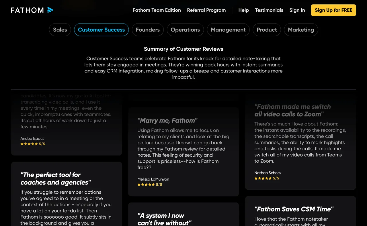 Brand example from Fathom showcasing social proof
