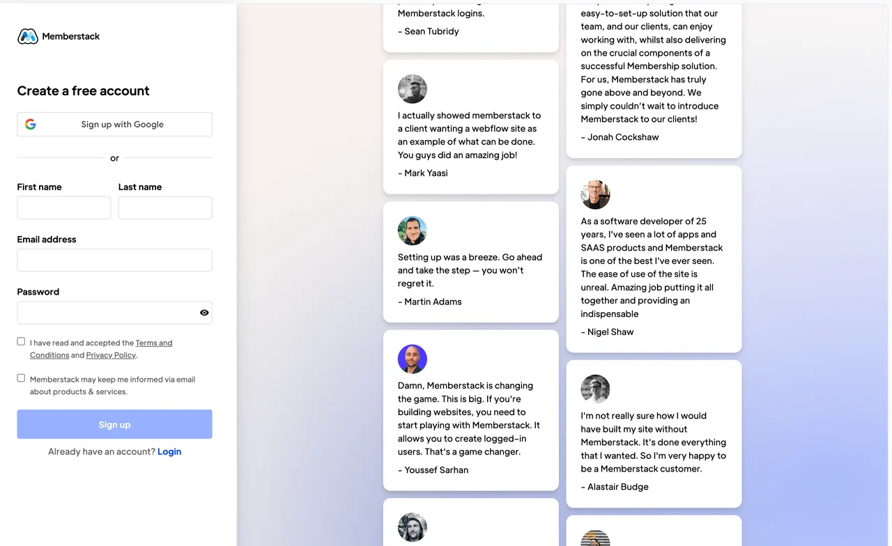 Brand example from Memberstack showcasing social proof