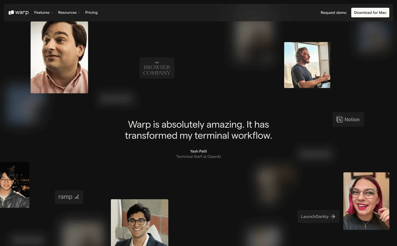 Brand example from Warp showcasing social proof