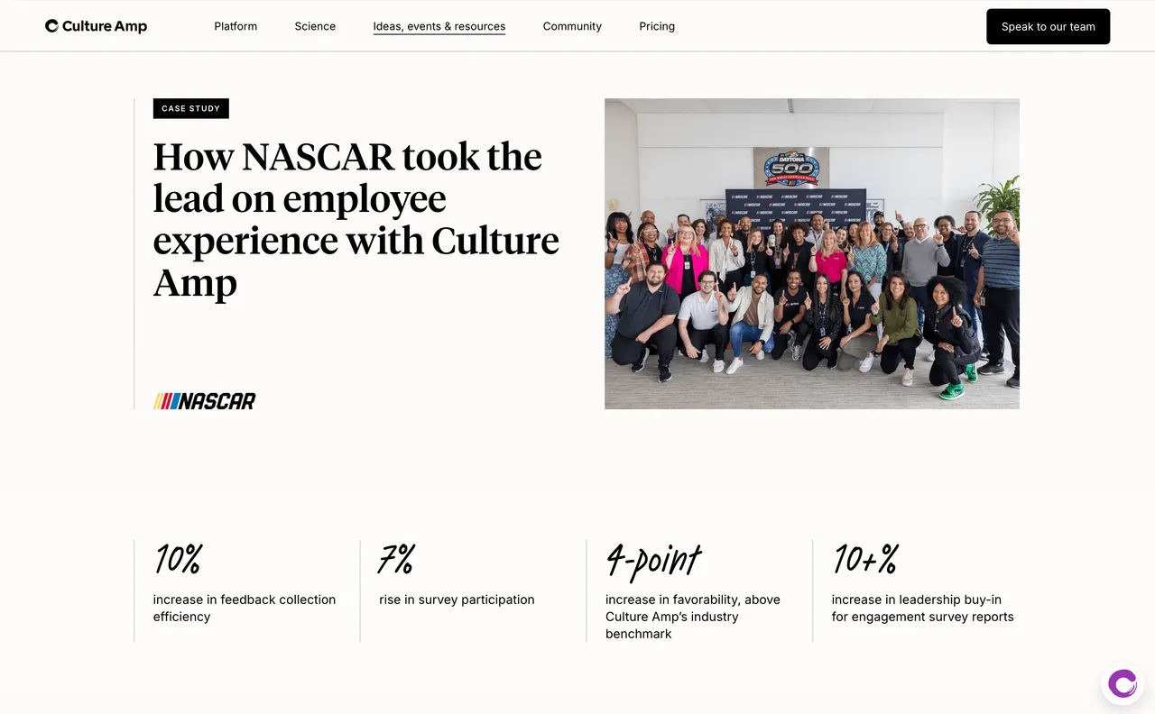 Brand example from Culture Amp showcasing social proof