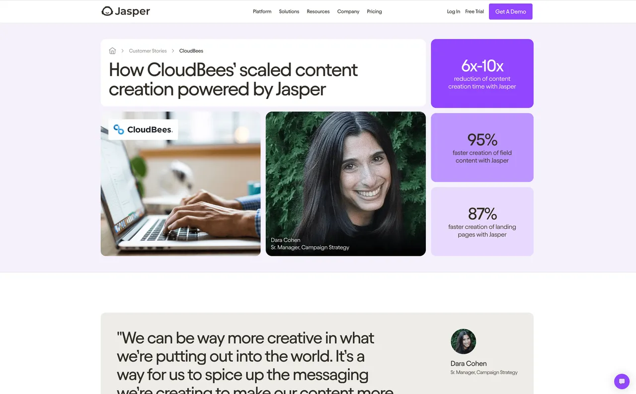 Brand example from Jasper showcasing social proof