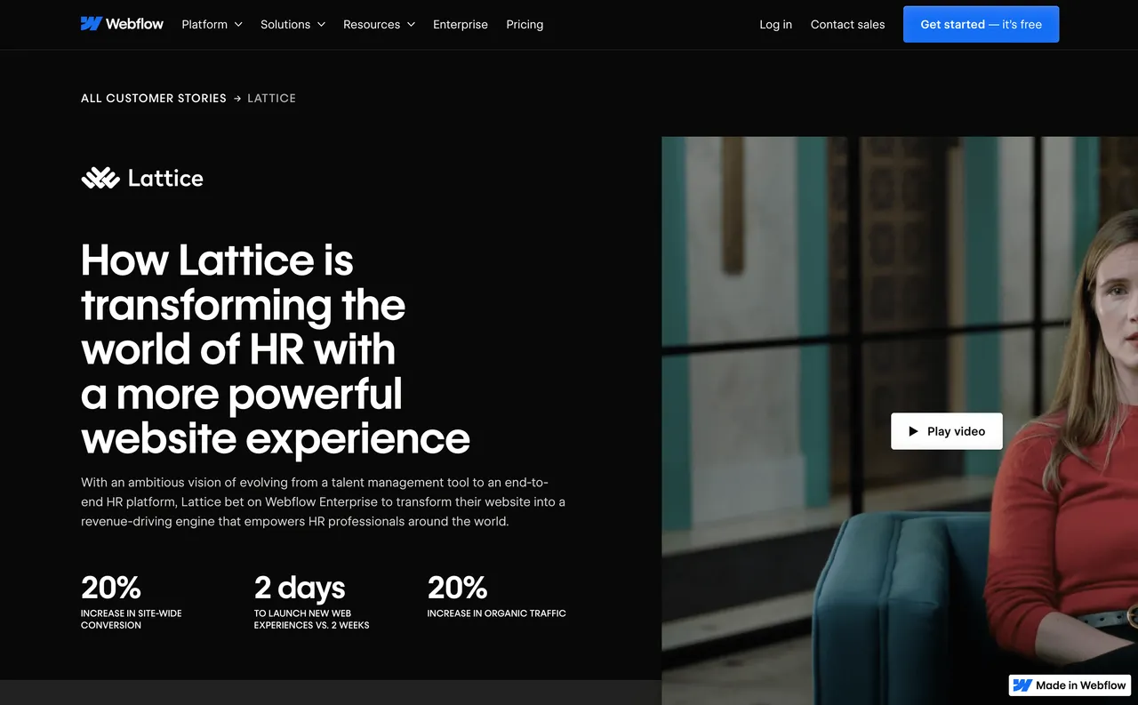 Brand example from Webflow showcasing social proof