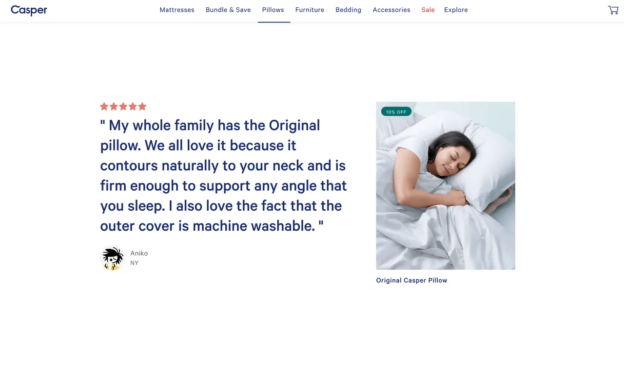 Brand example from Casper showcasing social proof
