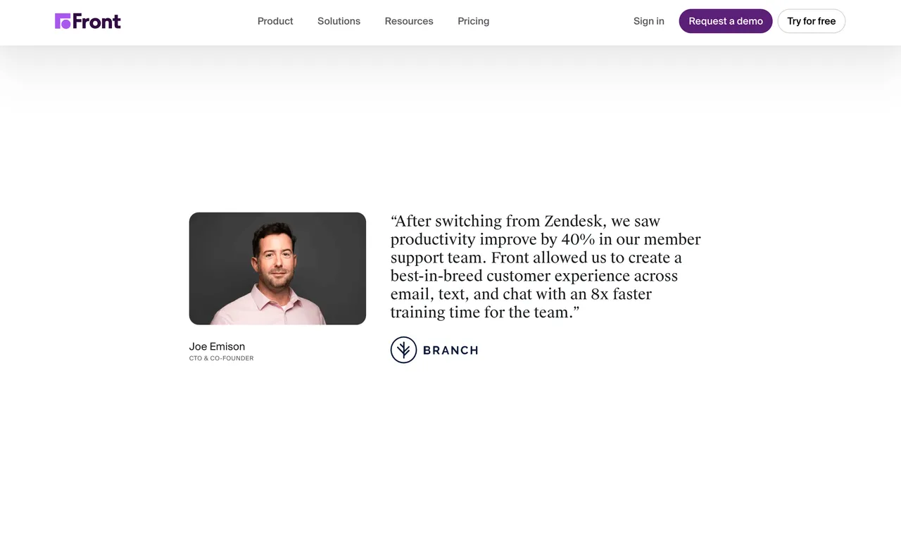 Brand example from Front showcasing social proof