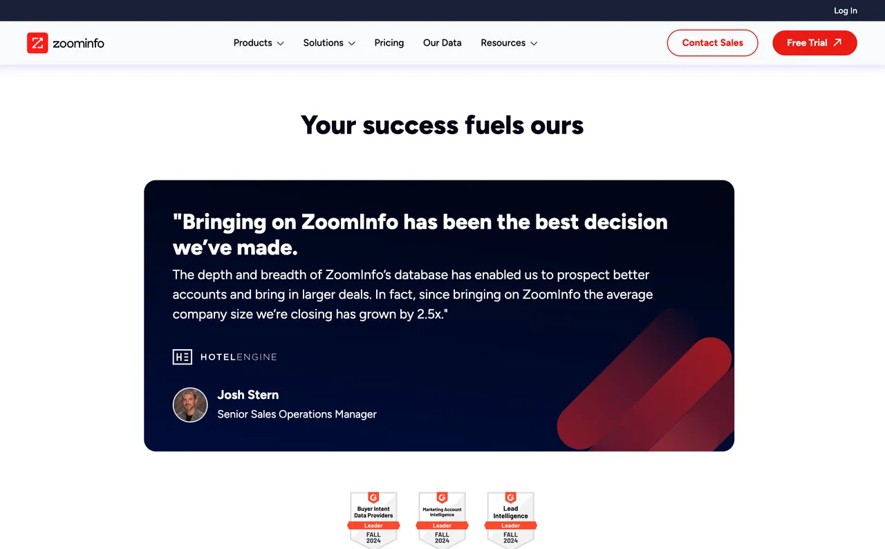 Brand example from Zoominfo showcasing social proof